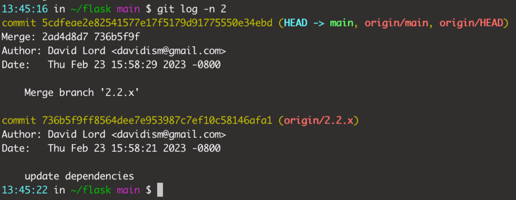 git log -n 2 output for flask