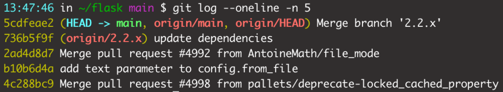 terminal output with git log --oneline