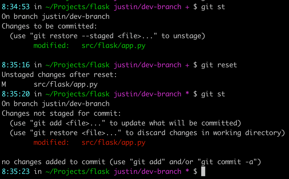results of git reset