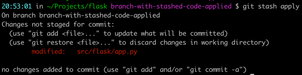 result of git stash apply