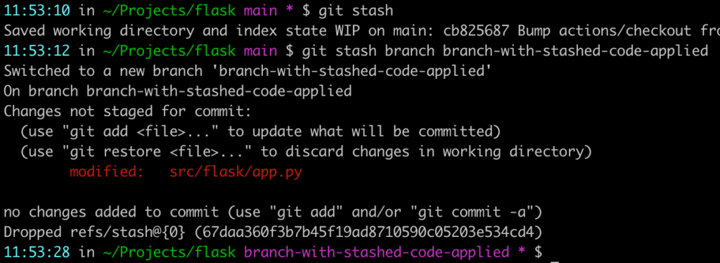 result of git stash branch