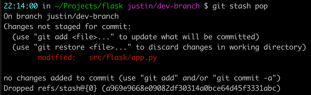 results of git stash pop