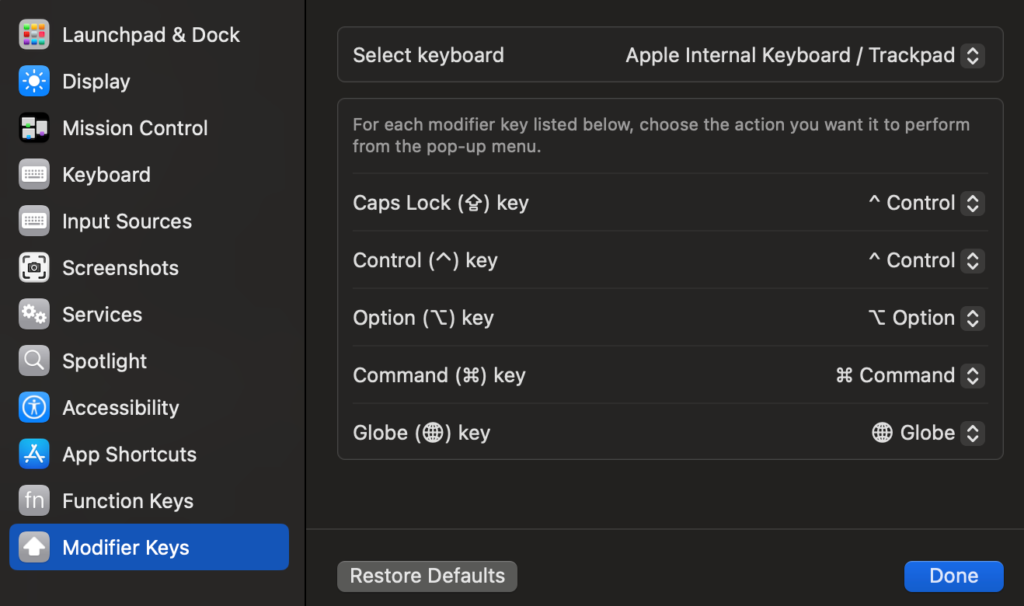 screenshot of mac's keyboard modifier keys settings