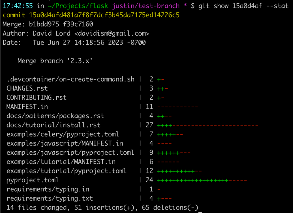 results of git diff --stat on a merge commit