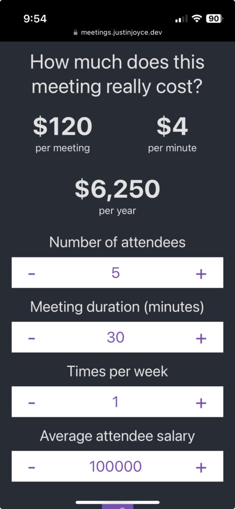 screenshot of meeting cost calculator